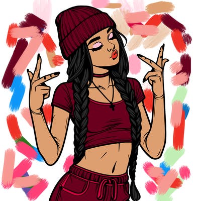 realistic teenage girl with braids and a beanie and crop top doing 🫶🏼