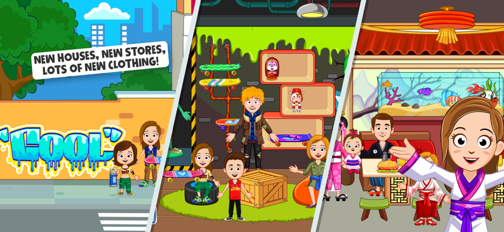 My Town : Street Fun - A collage showing characters in various game locations including a restaurant, a skate shop, and a street with graffiti.