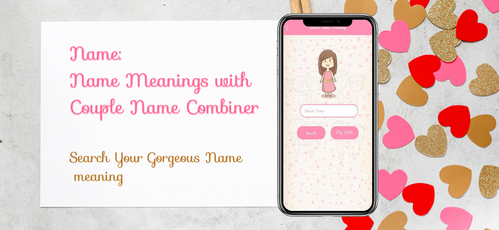 Naming: Name Meaning, Combiner - Smartphone affichant l'écran de recherche de l'application Naming pour les significations de noms et les combinaisons de noms de couple