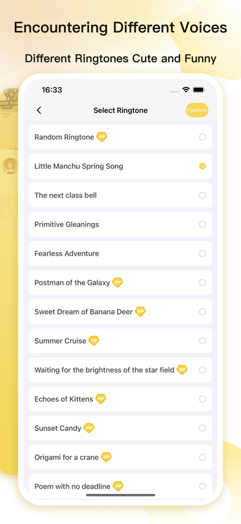 Alarm Clock-Keep Alarm - Keep Alarm app ringtone selection screen showing various cute and funny sound options with VIP labels.