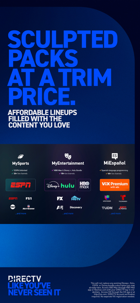 Directv streaming service showing customized genre packs for sports entertainment and Spanish language content