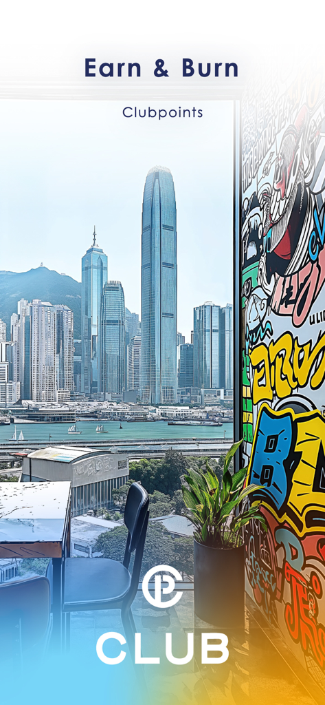Écran promotionnel de l'application mobile The Club présentant le slogan Gagner et Dépenser avec une vue sur la skyline de Hong Kong.