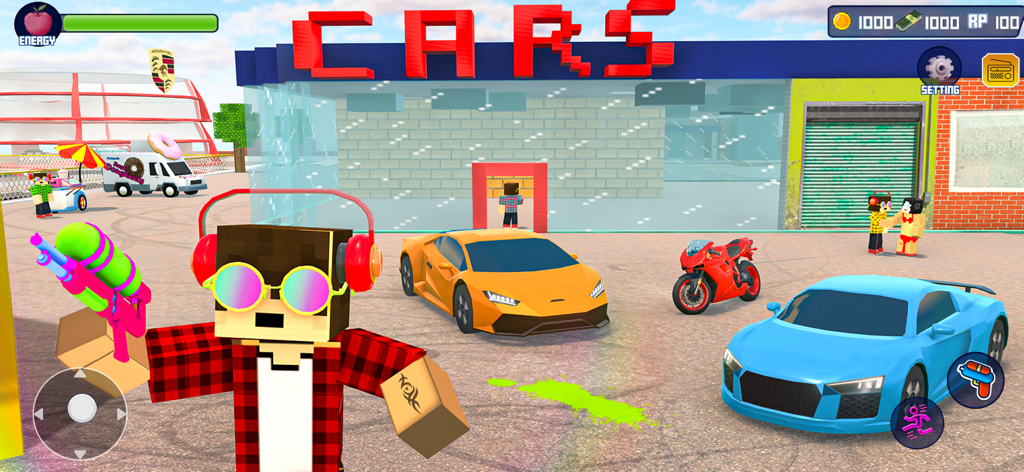 Block Party Fun World - A pixel character holding a paintball gun near luxury sports cars and a motorcycle in front of a car dealership.