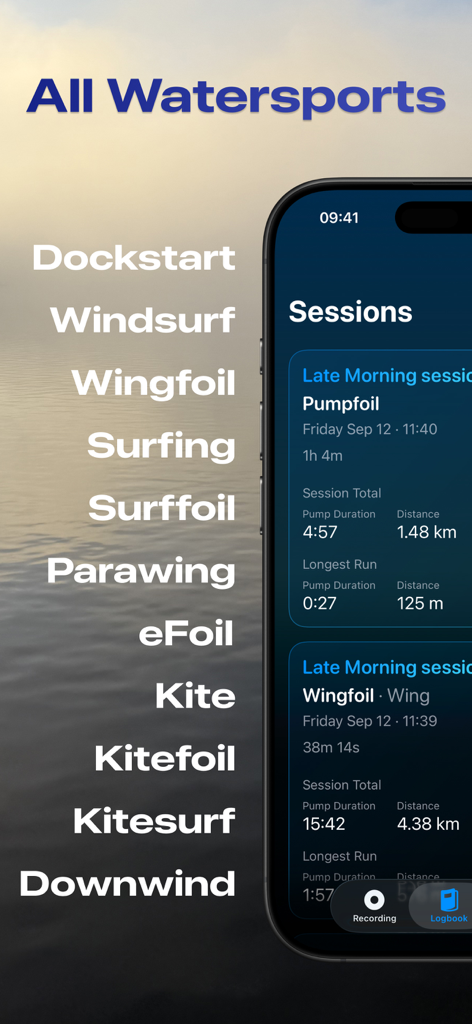 iPhone screen showing FoilMotion app with a list of supported watersports and detailed session tracking for pumpfoil and wingfoil