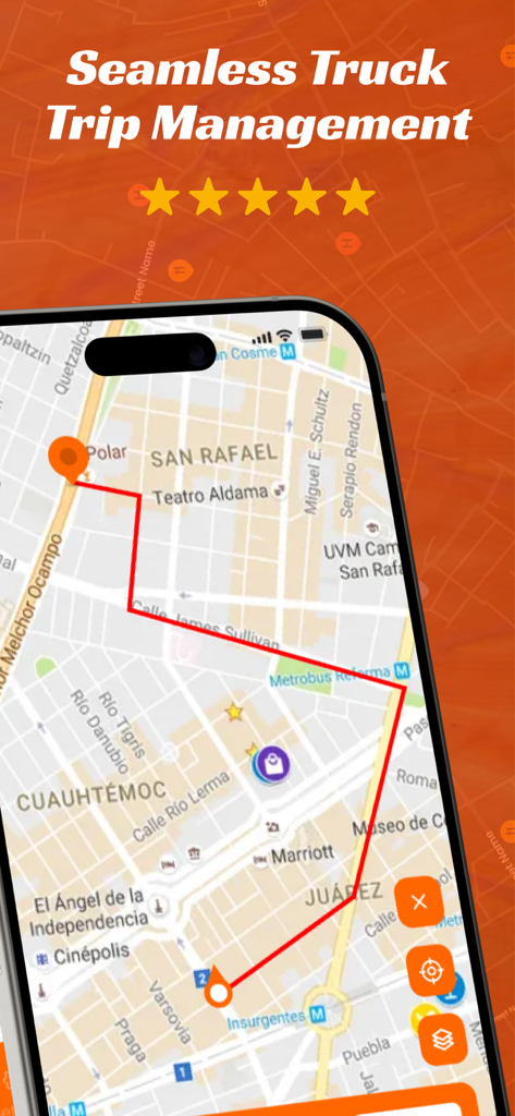 TruckMap app screenshot showing seamless truck trip management and navigation route on a map.