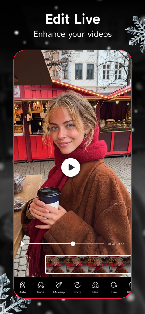Interfaccia di editing video dell'app Meitu che mostra strumenti di editing video live e miglioramento del ritratto