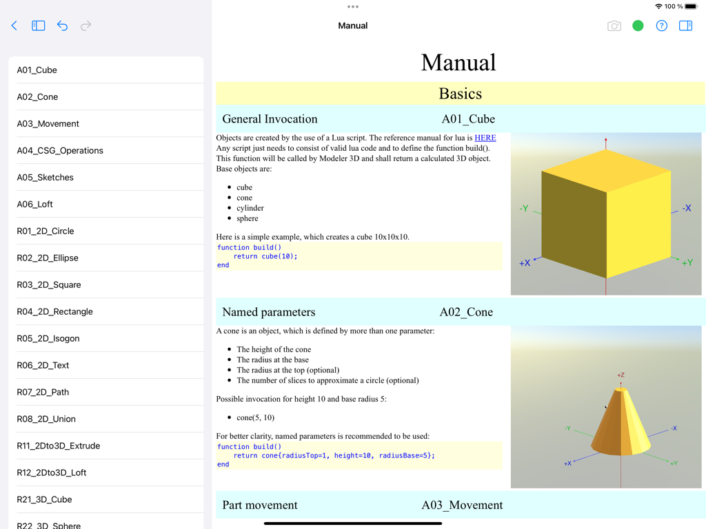 Modeler 3D - Das Handbuch der Modeler 3D App mit Lua-Skriptbeispielen und 3D-Renderings eines Würfels und eines Kegels auf einem iPad.