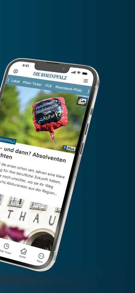 DIE RHEINPFALZ – Nachrichten - Interfaz de la aplicación móvil de noticias DIE RHEINPFALZ que muestra titulares locales y navegación.