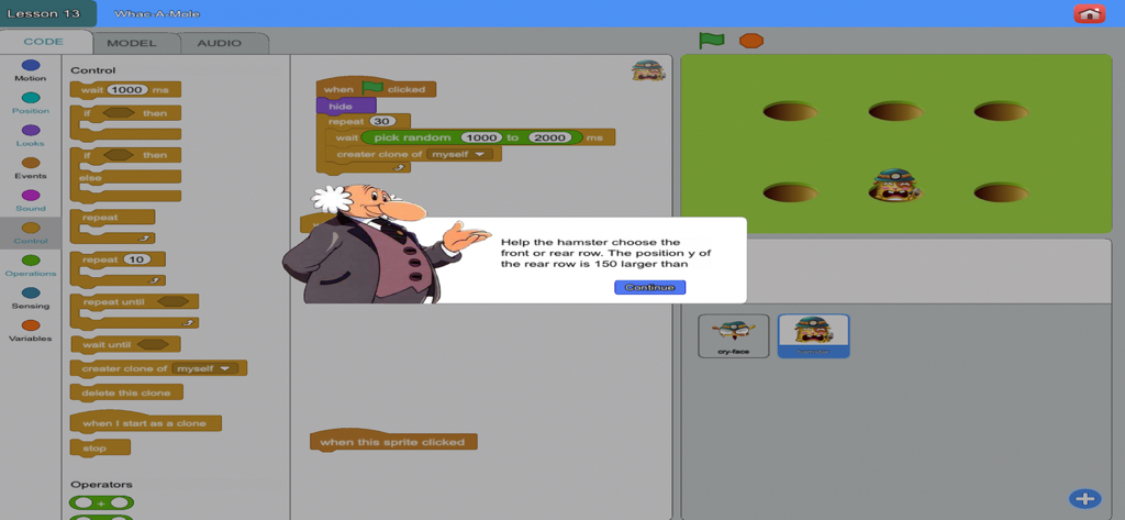Scratch Tutorial - Coding Game - Educational interface showing block programming for a Whac-A-Mole game tutorial.