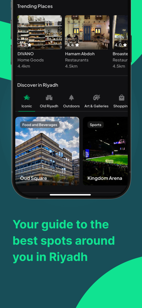 HudHud Maps - HudHud Maps discovery screen showcasing local spots and categories in Riyadh