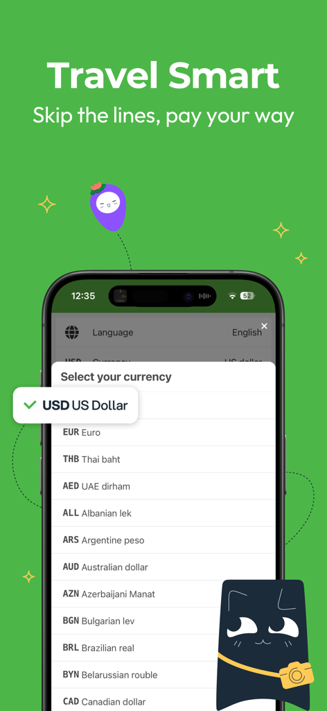 12Go Train Bus Ferry Flight - Écran de smartphone montrant le menu de sélection de devises de l'application 12Go avec des options pour USD, EUR et THB