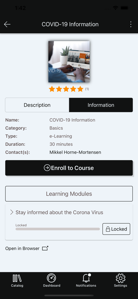 기업 이러닝 과정에 대한 세부 정보를 표시하는 Learn365 by Zensai 모바일 애플리케이션