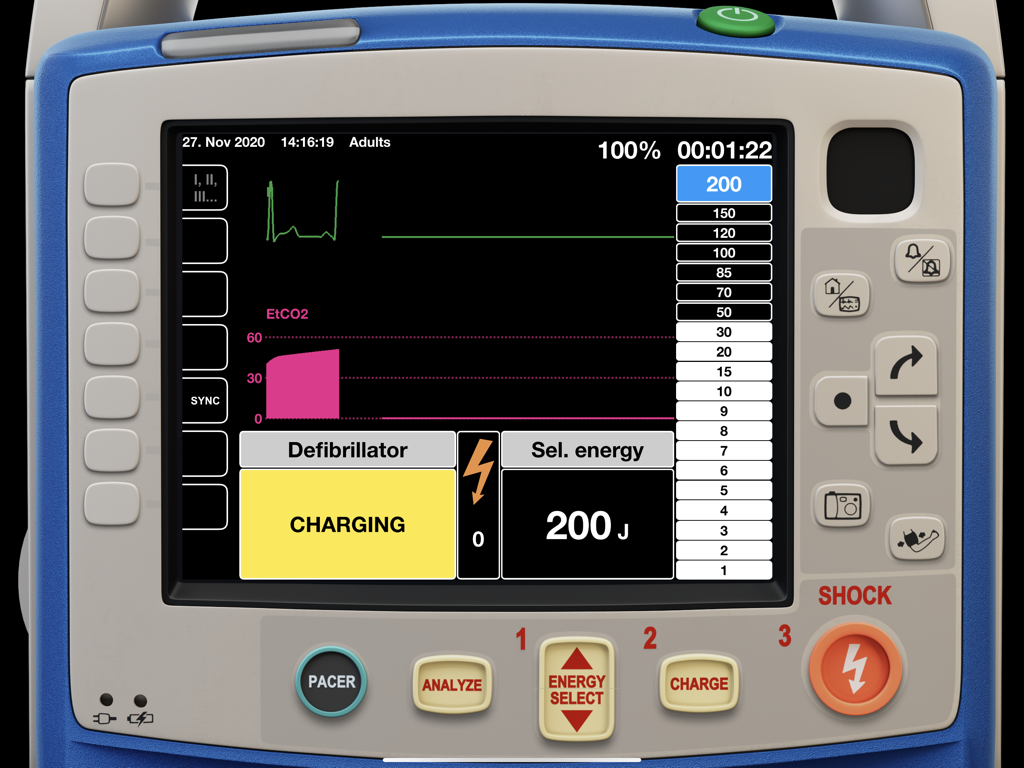 qubeX app interface simulating a Zoll Medical X Series defibrillator in charging mode