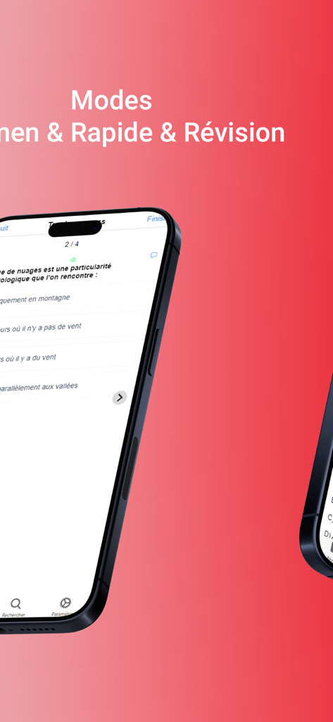 BIA France 2015-2026 Annales - BIA France app interface showing exam and revision study modes with a multiple choice aeronautics quiz