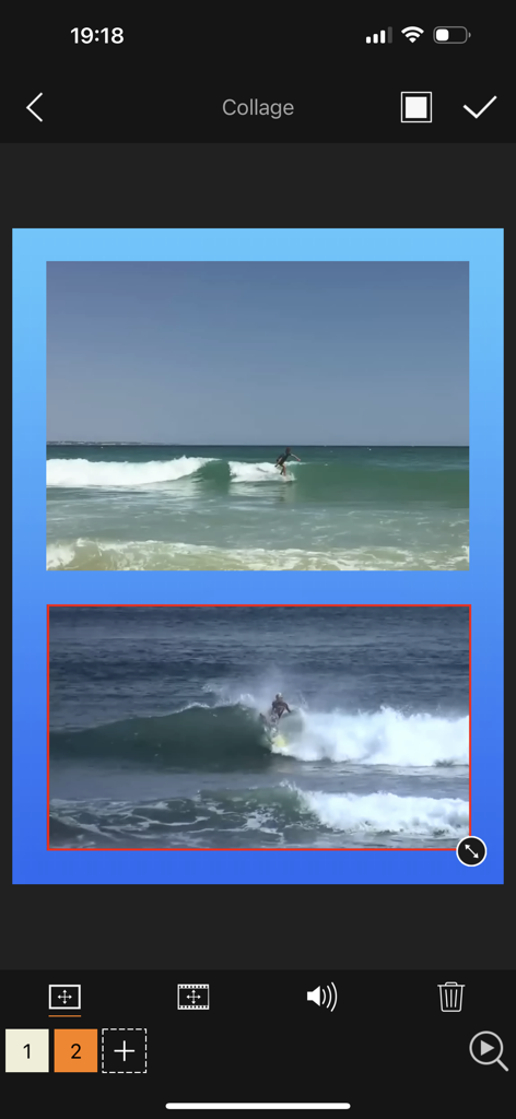 Videdit - Handy Video Editor - Videdit app interface showing the video collage feature with two surfing video clips