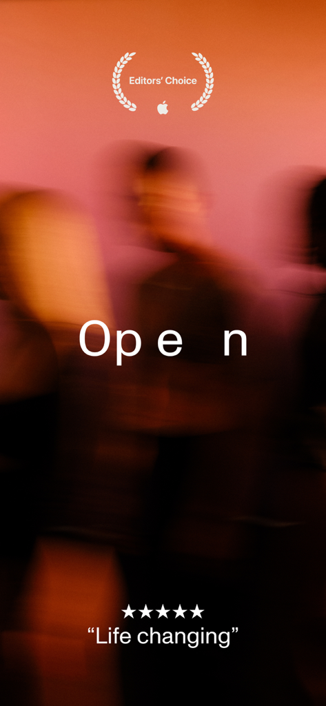 Open: Breathwork + Meditation - L'écran de l'application Open affichant le prix 'Choix des éditeurs d'Apple' et un avis cinq étoiles avec le texte 'qui change la vie' sur un fond artistique flou.