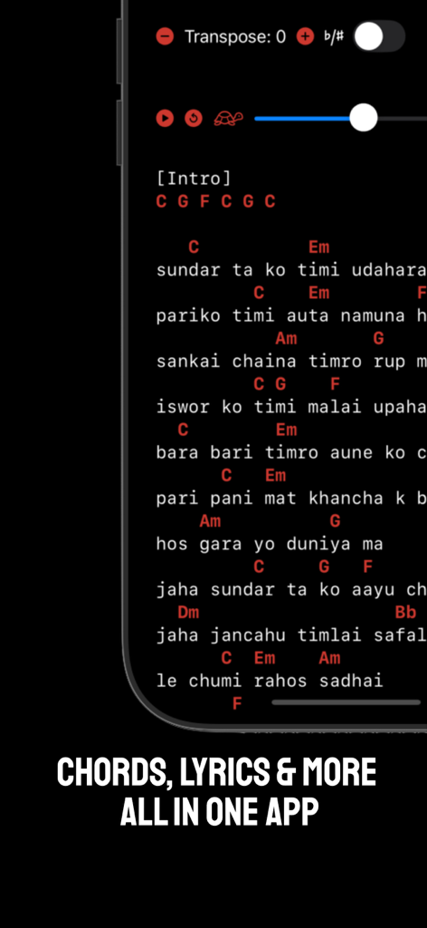 Nepali Guitar Chords - Nepali Guitar Chords app screen showing lyrics and chords with transpose and auto-scroll features
