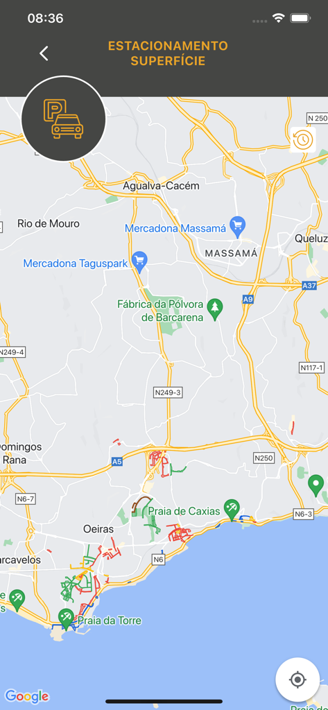 Oeiras Move - Map interface within the Oeiras Move app displaying surface parking zones across the Oeiras municipality.