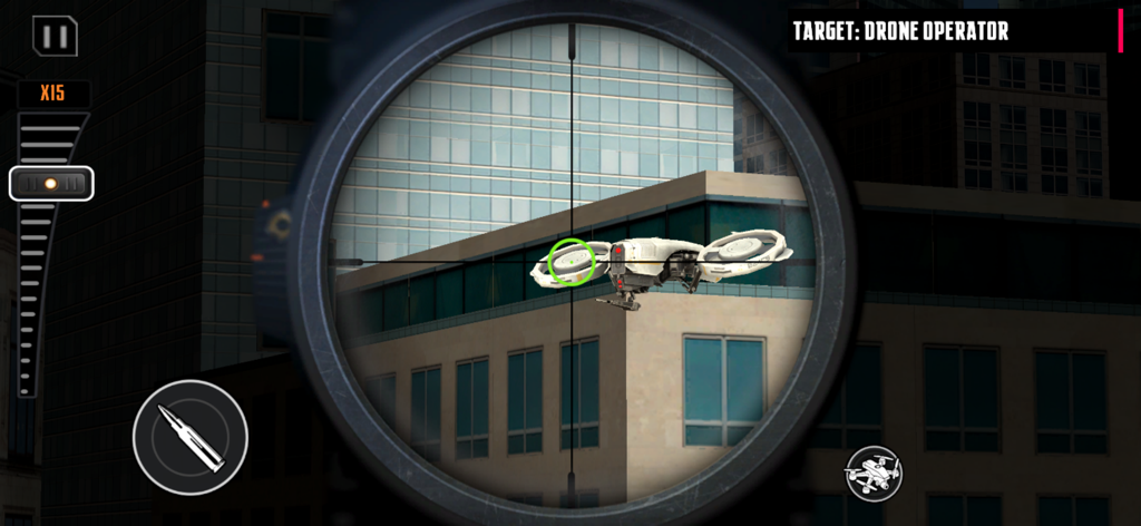 Ghost Shooting: 3d fps game - Sniper scope view targeting a drone in a city skyline