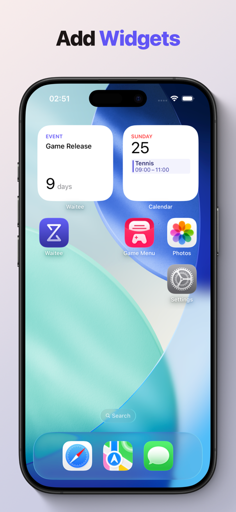iPhone home screen showing the Waitee countdown widget for a game release