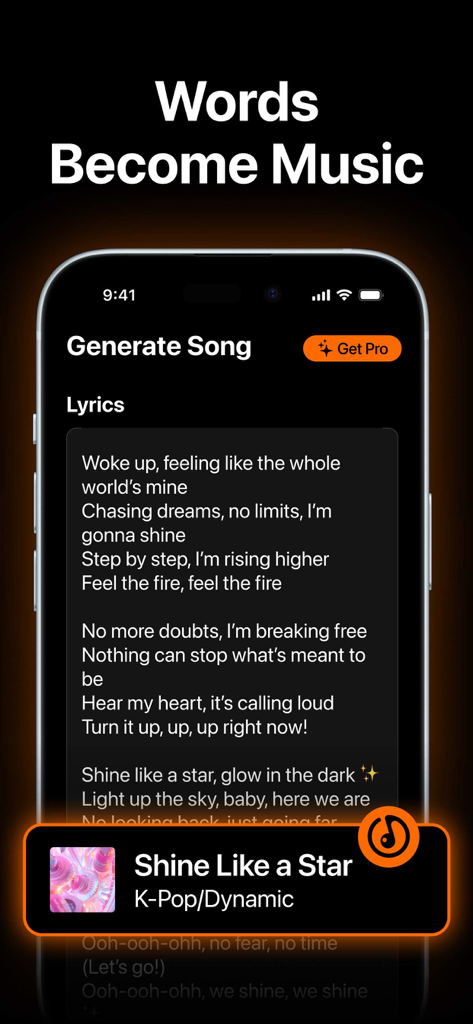 PLAI: AI Music Generator - Mobile app interface showing AI generated song lyrics and music player for a K-Pop track
