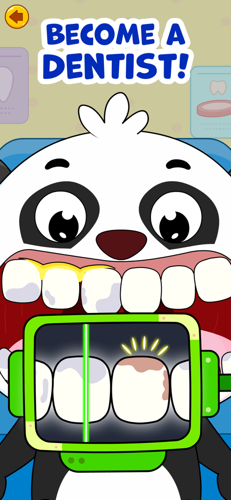 Doctor Games for Kids: Dentist - Un personaje de panda recibiendo una radiografía dental en la aplicación Doctor Games for Kids.