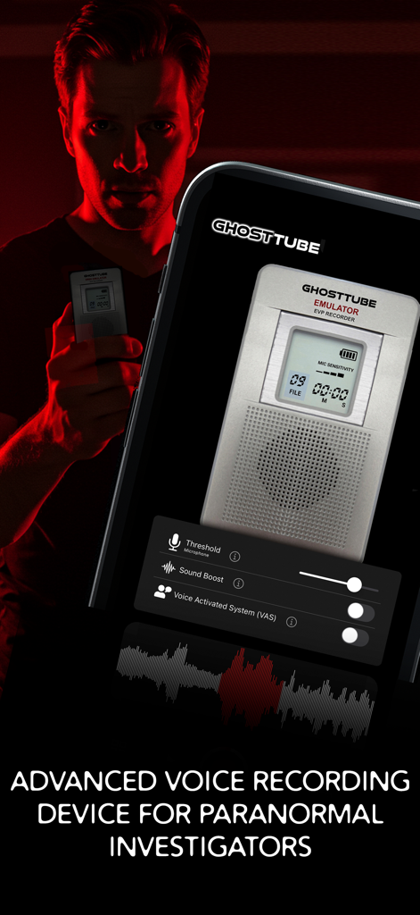GhostTube EVP - GhostTube EVP app interface showing the DR60 emulator and audio controls for paranormal investigation