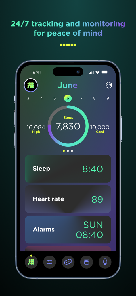 Cubitt Jr + Teens - Panel de la aplicación Cubitt Jr + Teens que muestra los datos diarios de seguimiento de pasos, frecuencia cardíaca y sueño
