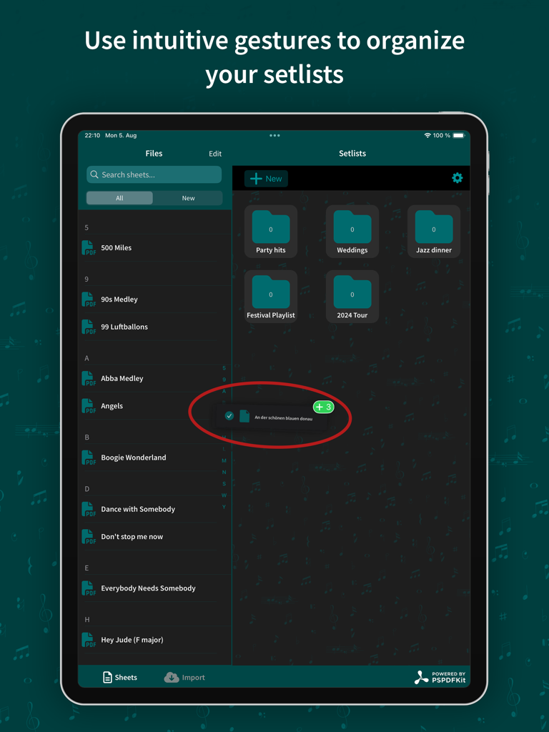 iPad interface of Leadsheet showing music sheet organization with drag and drop setlist creation