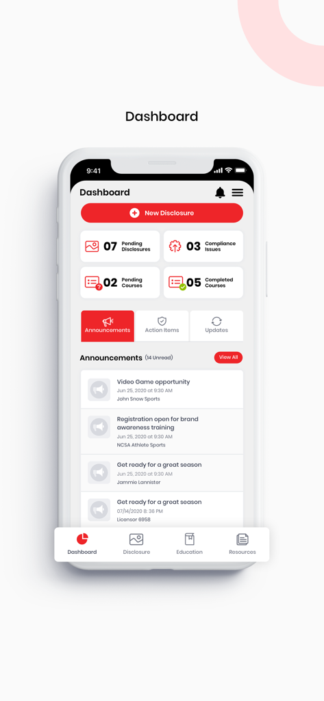 The main dashboard of the COMPASS NIL mobile app displaying athlete disclosure status and compliance tasks