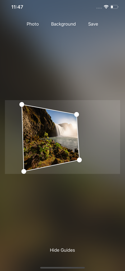 Photo Perspective - Adjusting a waterfall photo using four-point perspective control nodes in the app interface.