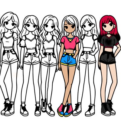 a group of girls wearing crop tops and shorts