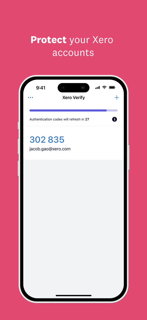 Xero Verify - Interfaz de la aplicación Xero Verify que muestra un código de seguridad de seis dígitos y el correo electrónico del usuario para la protección de la cuenta