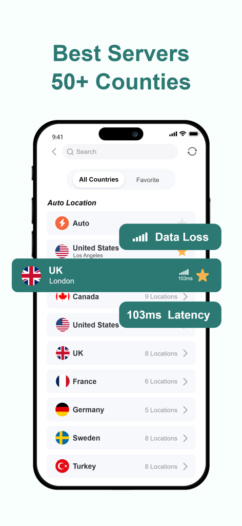 PlatoVPN: Super VPN Fast Proxy - PlatoVPN app interface showing a list of global server locations with low latency indicators