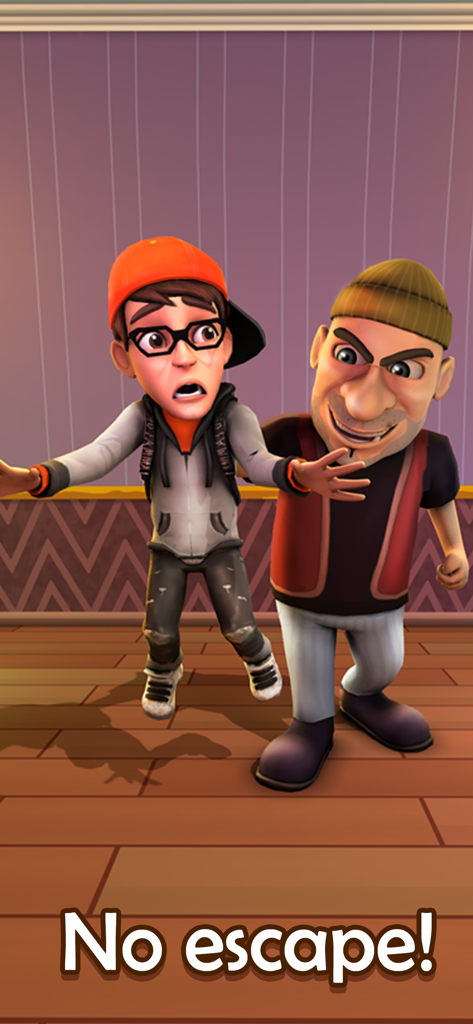 Save The House - A scared boy being caught by a burglar in Save The House game with the text No escape