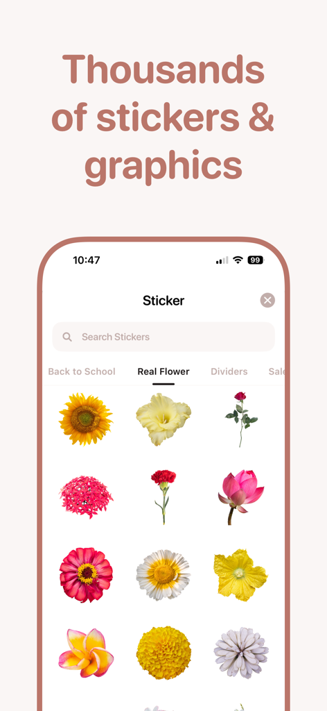 Interfaz de la aplicación Invyt que muestra una biblioteca de pegatinas y gráficos de flores realistas para invitaciones personalizadas.