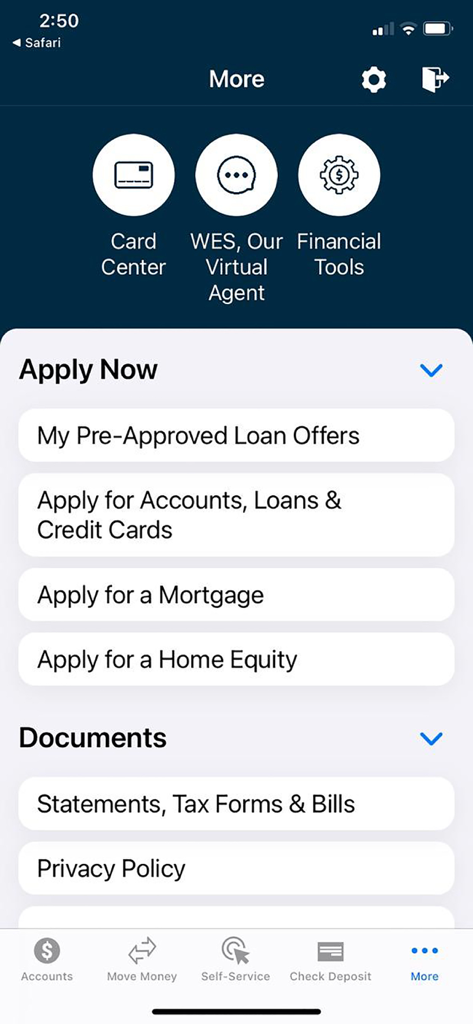 Affinity Federal Credit Union - The More menu in the Affinity Federal Credit Union app showing options for the virtual agent loan applications and financial documents
