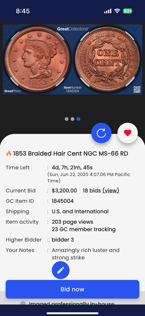 GreatCollections - GreatCollections app auction screen showing high resolution photos and bidding details for a rare 1853 Braided Hair Cent coin.