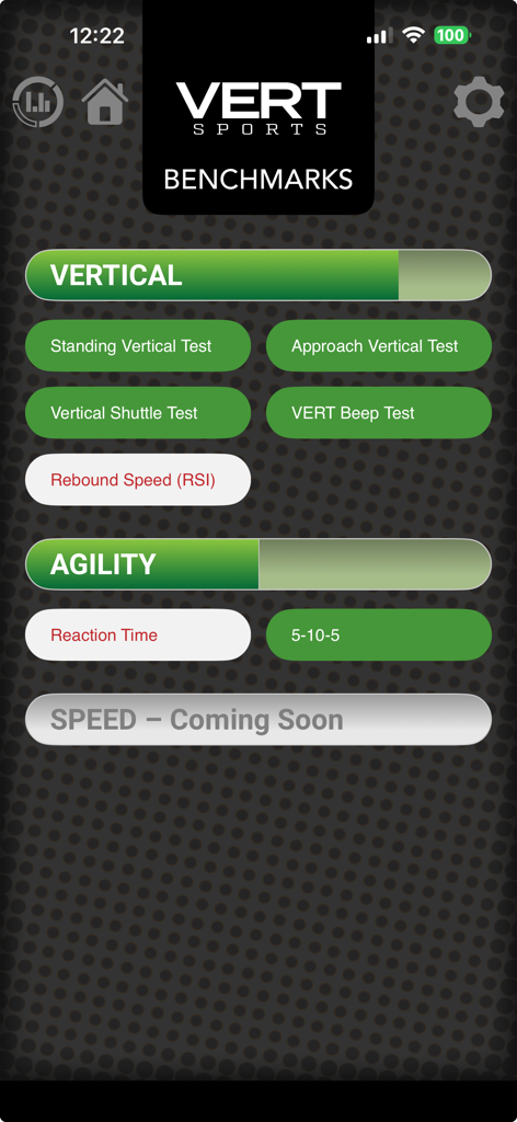VERT app screen displaying athletic performance benchmarks for vertical jump and agility testing
