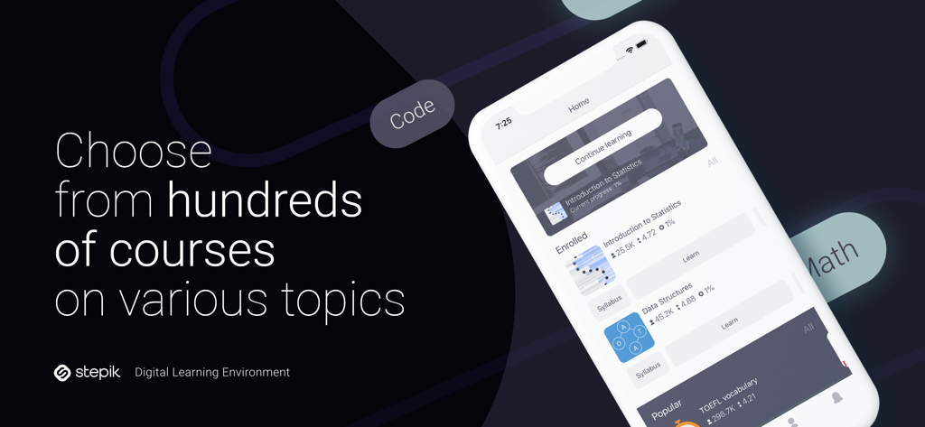 Stepik mobile app home screen showing online courses in statistics and data structures