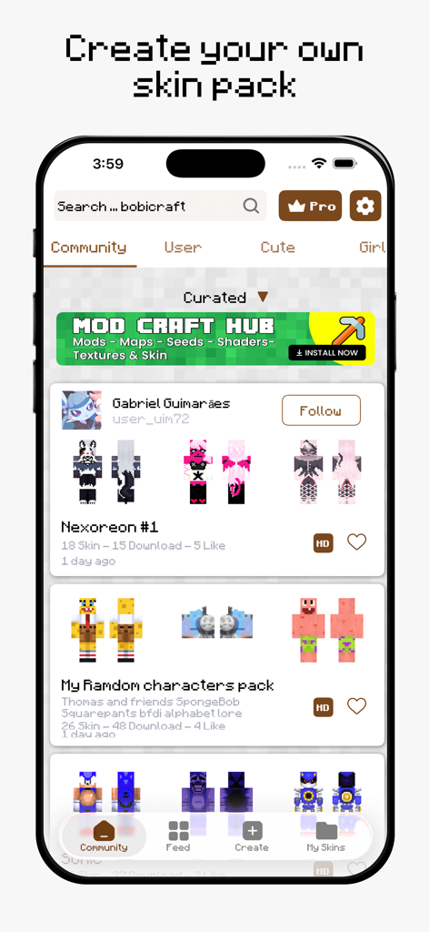 Interface of AI Skins for Minecraft app showing community-created skin packs including SpongeBob and Sonic characters