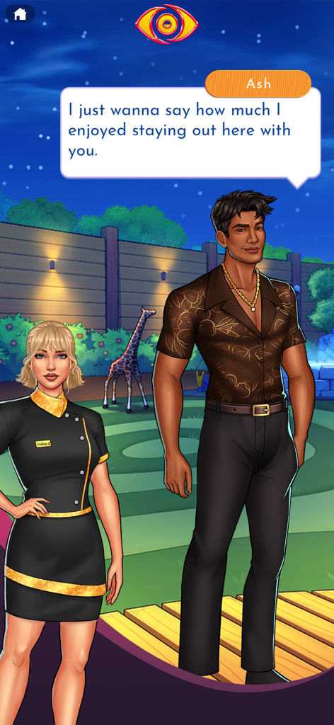 A conversation between two characters in the Big Brother mobile game garden.