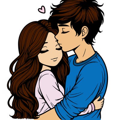 a realistic couple boy and girl hugging and kissing