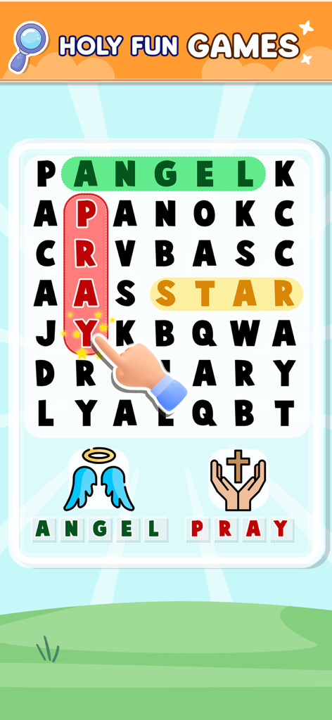 Bible Word Search Puzzle Games - Jogo de quebra-cabeça de busca de palavras bíblicas mostrando uma grade de quebra-cabeça com palavras religiosas destacadas