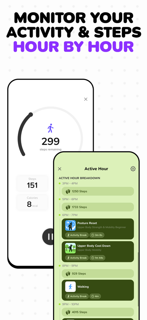 Moova: Hourly Activity Breaks - Interfaz de la aplicación Moova que muestra el monitoreo de la actividad horaria y el desglose del seguimiento de pasos.