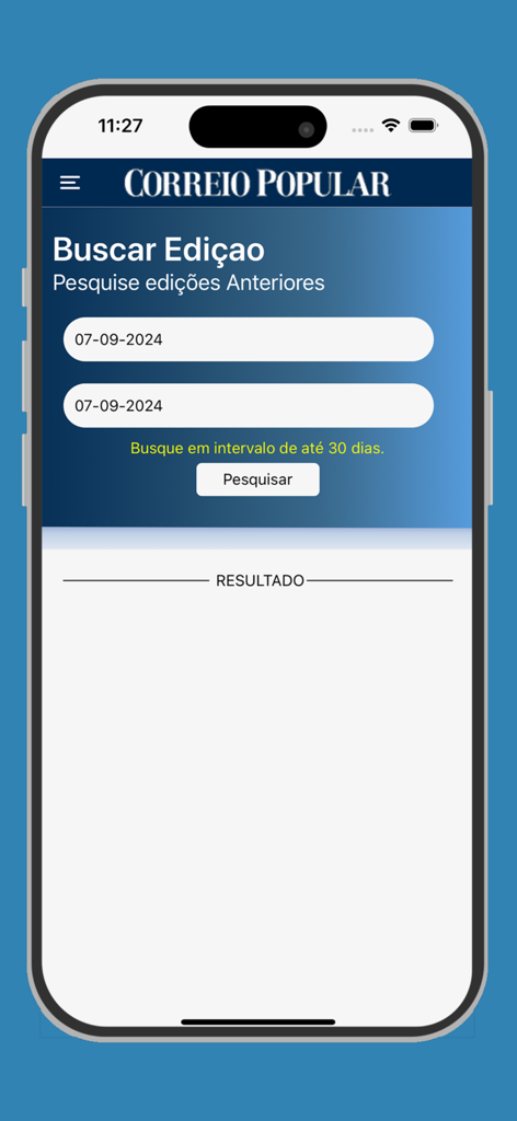 Correio Popular Digital - Pantalla de búsqueda de ediciones anteriores del periódico en la aplicación Correio Popular Digital