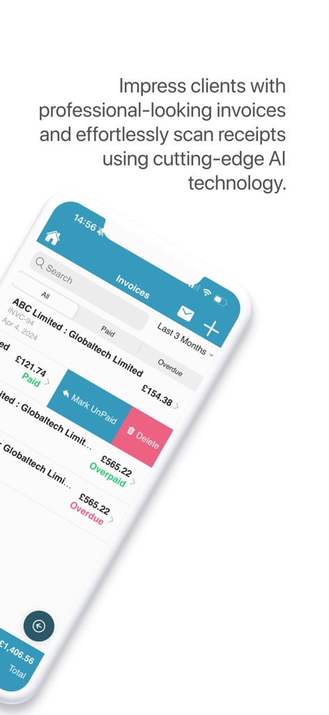 Smartphone screen showing the Invoice 4all app with a list of invoices and their payment statuses such as Paid, Overpaid, and Overdue.