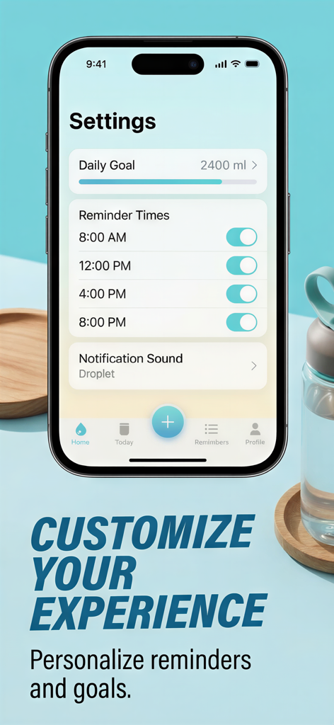 Water reminder & intake - WATR - Pantalla de configuración de la aplicación WATR que muestra el objetivo diario y los tiempos de recordatorio personalizados.