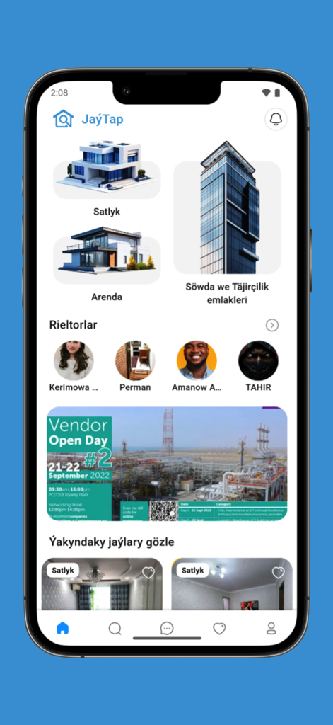 Jaý Tap - Jay Tap mobile app interface showing property categories for sale and rent in Turkmenistan