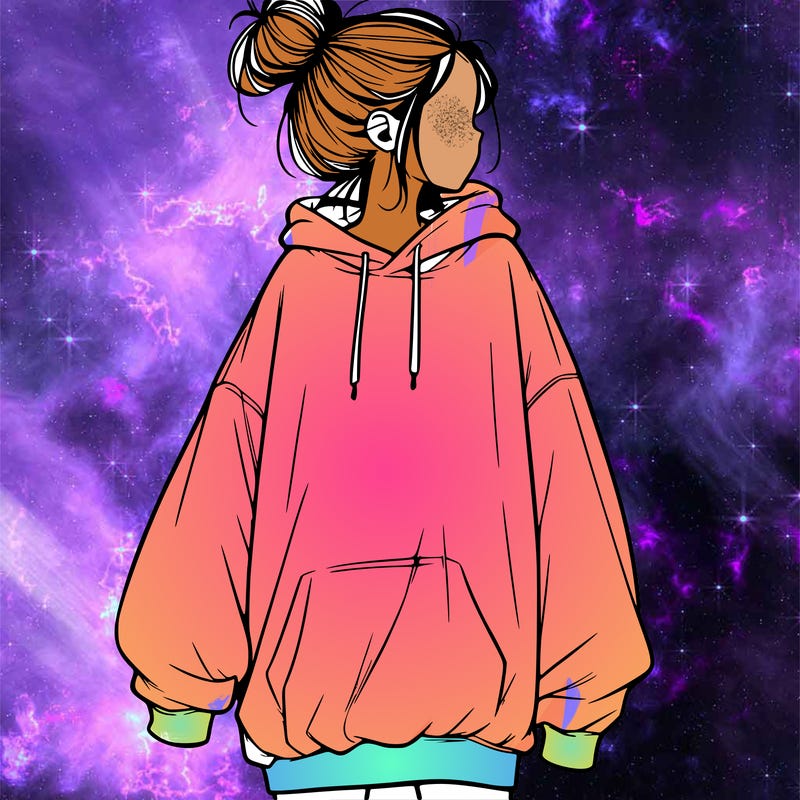 realistic girl with a oversized sweatshirt on and a bun